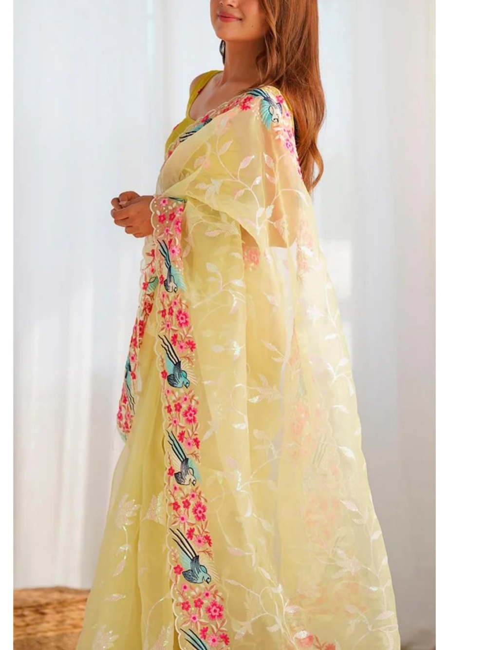 Yellow Floral Embroidered Saree with Blue Sparrow Accent